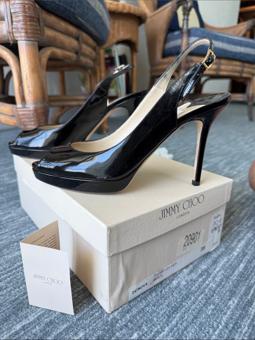 Jimmy Choo Black Patent Leather Peep-Toe Slingbacks - Picture 3 of 3